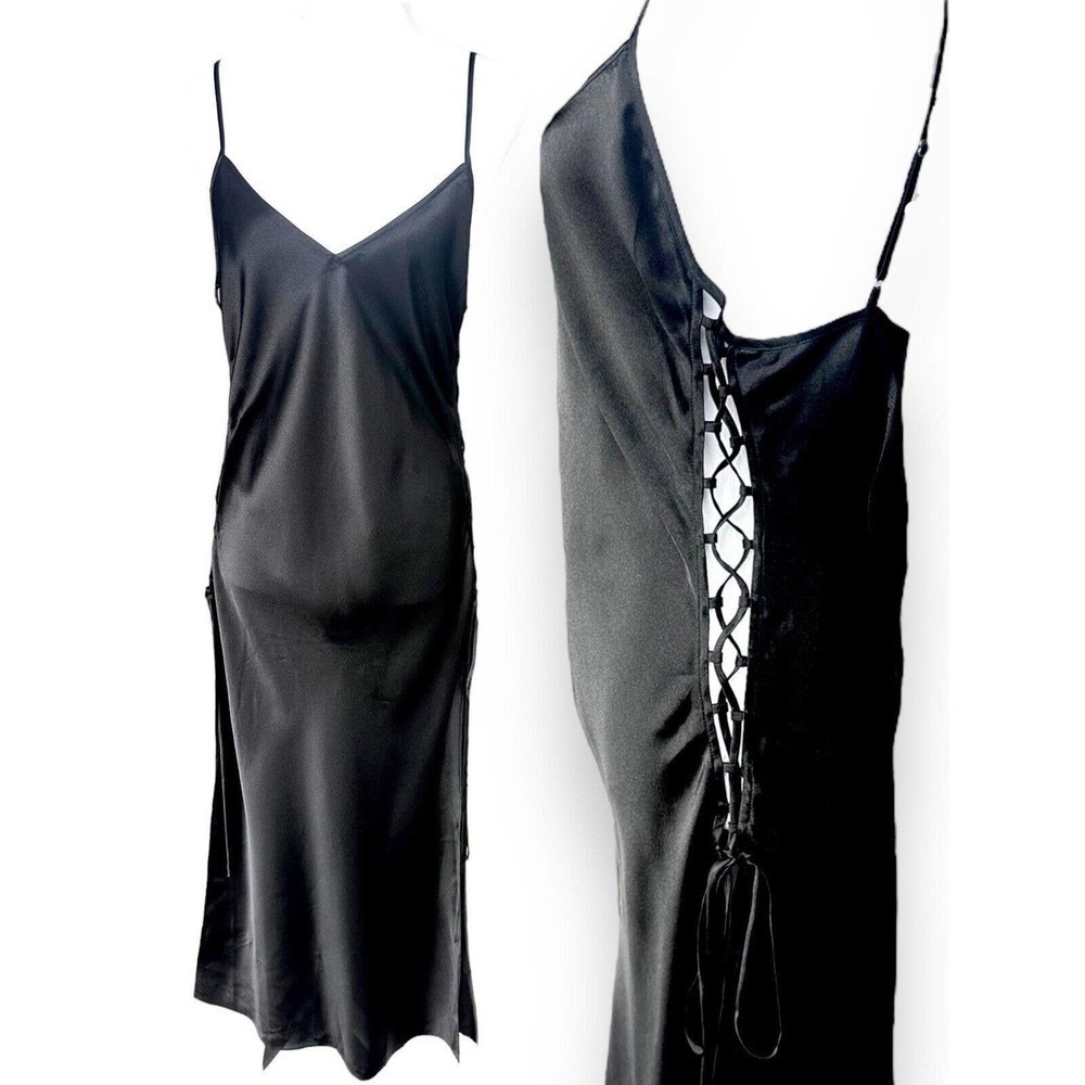 Victorias Secret Slip Dress Long Strappy Corset Sides Sz M Black Satin Gown Sexy - Picture 1 of 7